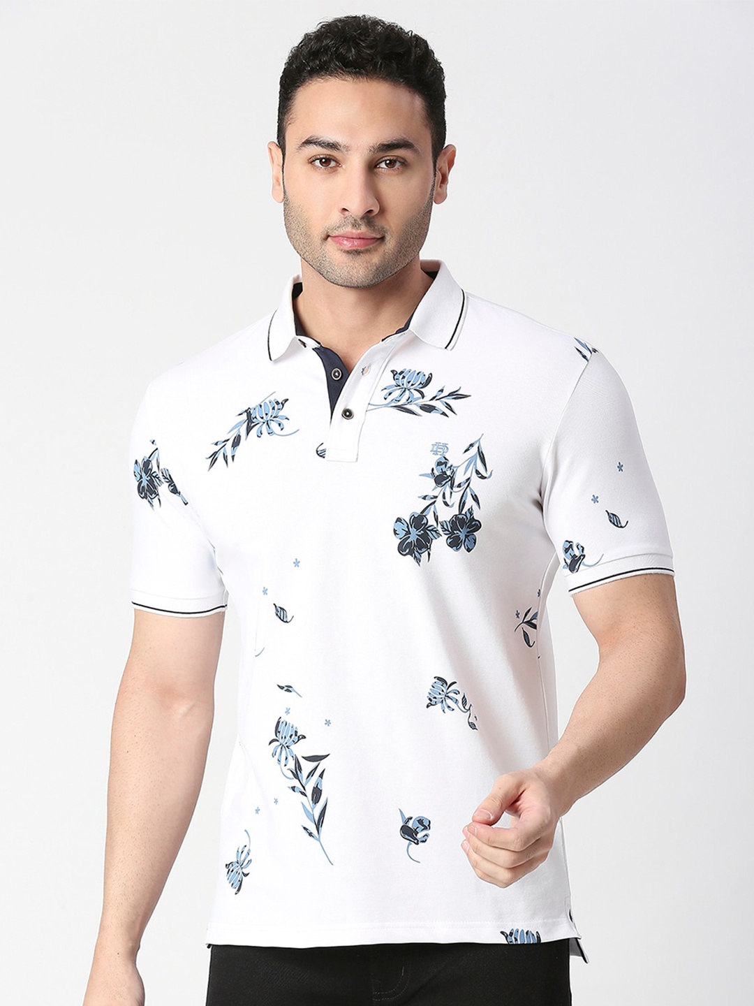 

DRAGON HILL Floral Printed Polo Collar Slim Fit Cotton Casual T-shirt, White