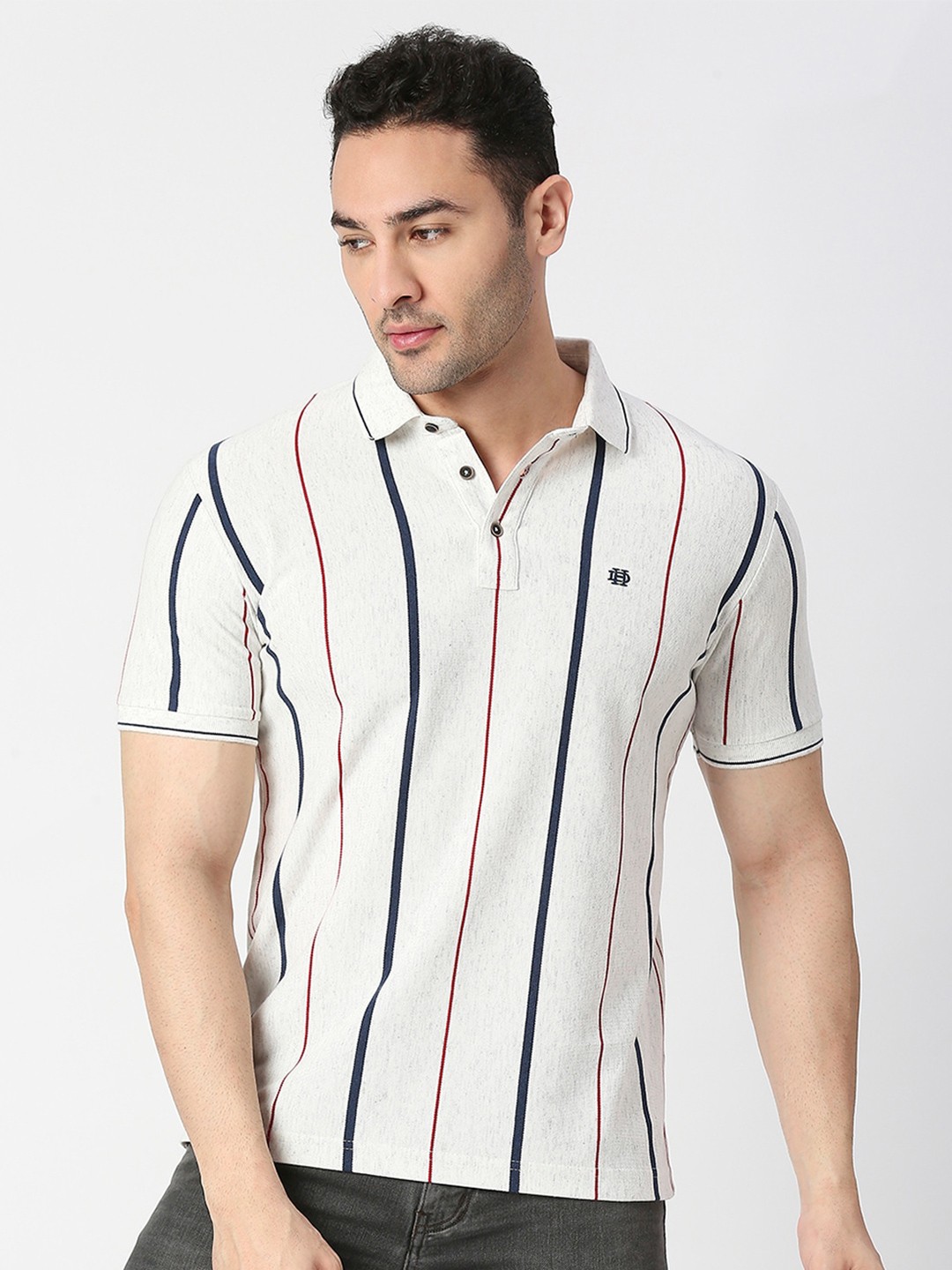 

DRAGON HILL Vertical Striped Polo Collar Cotton Slim Fit T-shirt, White
