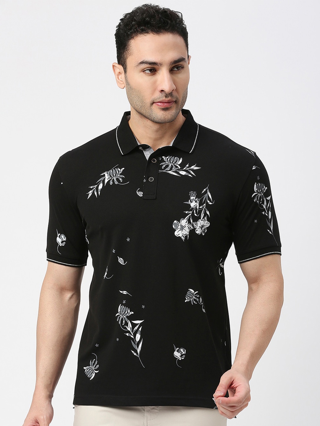 

DRAGON HILL Floral Printed Polo Collar Slim Fit Cotton Casual T-shirt, Black