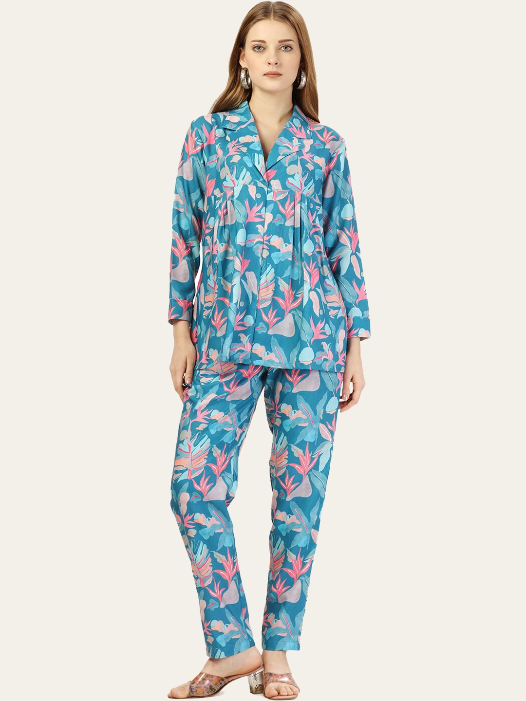 

SEW YOU SOON Floral Printed Shawl Neck Tunic With Printed Trousers, Blue