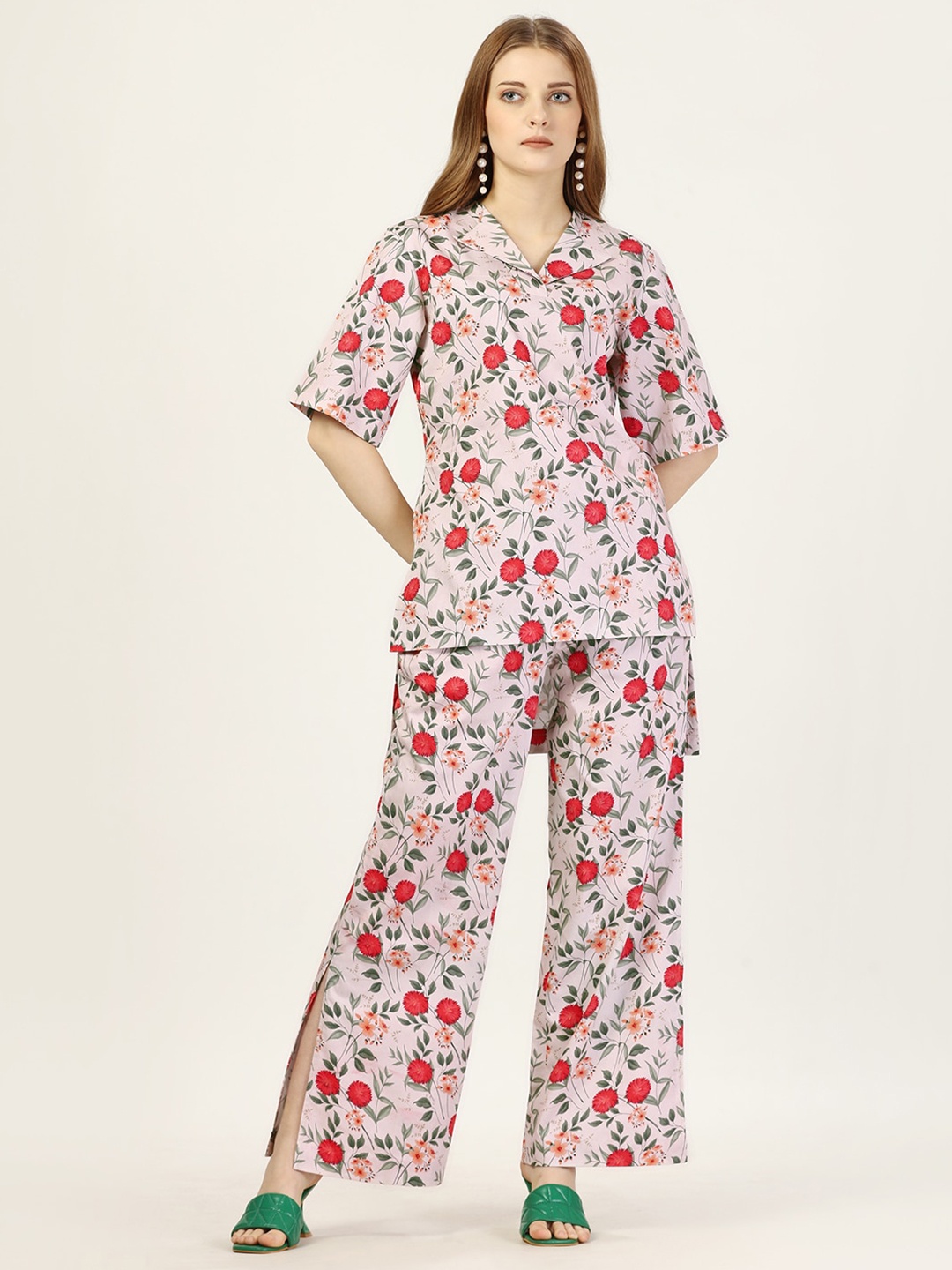 

SEW YOU SOON Floral Printed High Low Top With Trousers, Pink