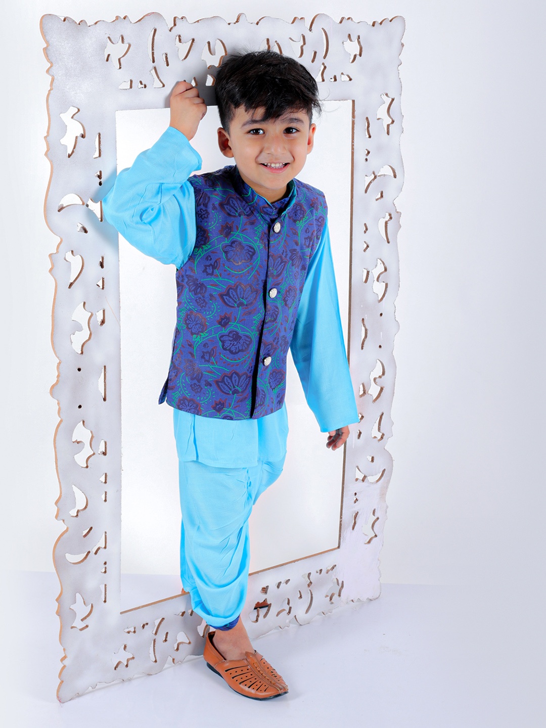 

Superminis Boys Mandarin Collar Kurta with Dhoti Pants & Nehru jacket, Turquoise blue