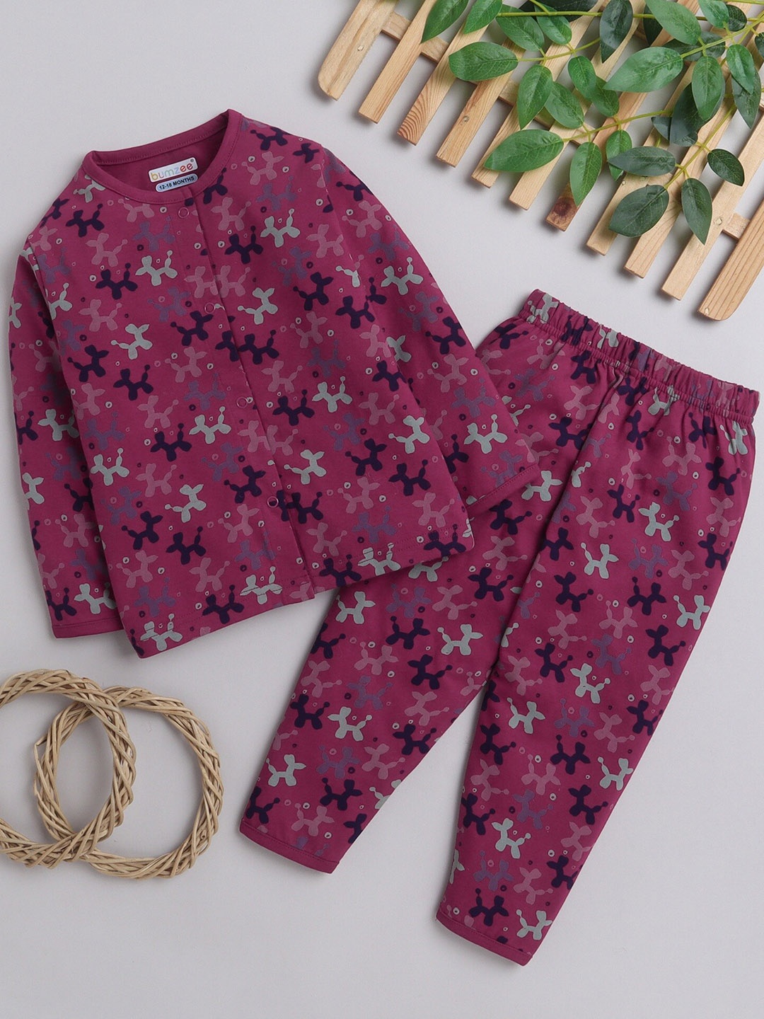 

BUMZEE Girls Graphic Printed Pure Cotton Night Suit, Maroon