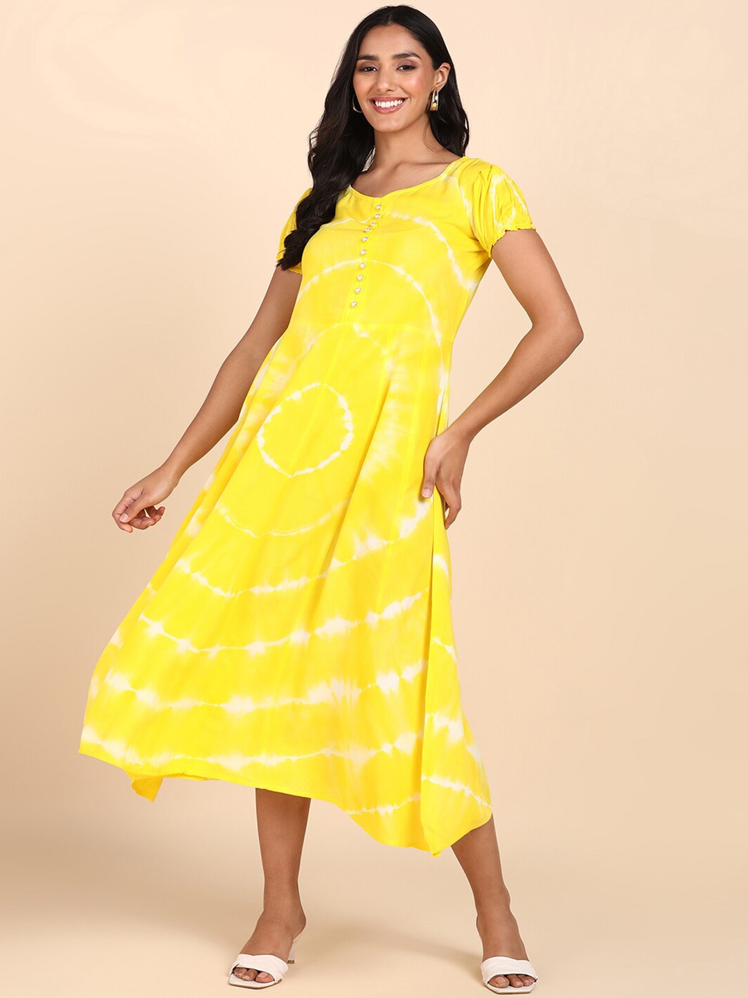 

Maaesa Tie and Dyed Puff Sleeves A-Line Midi Dress, Yellow