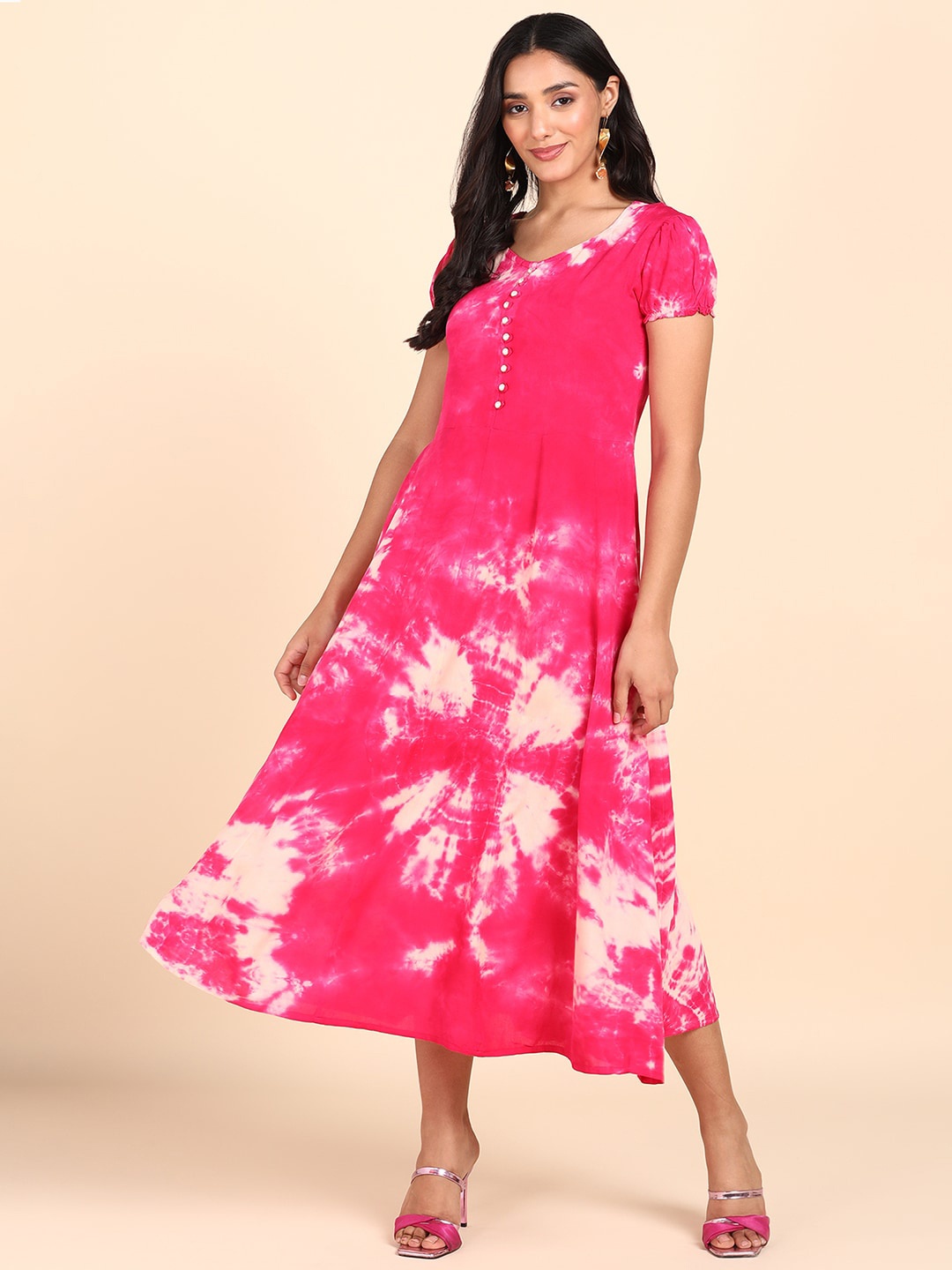 

Maaesa Tie and Dyed Puff Sleeves A-Line Midi Dress, Pink