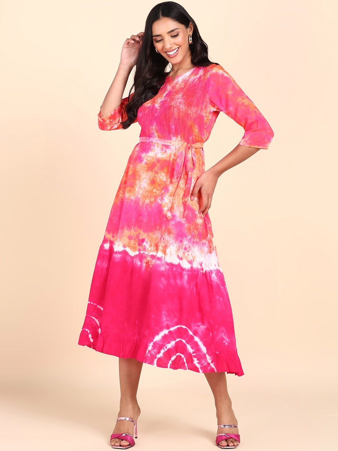 

Maaesa Tie and Dyed Fit & Flare Midi Dress, Pink