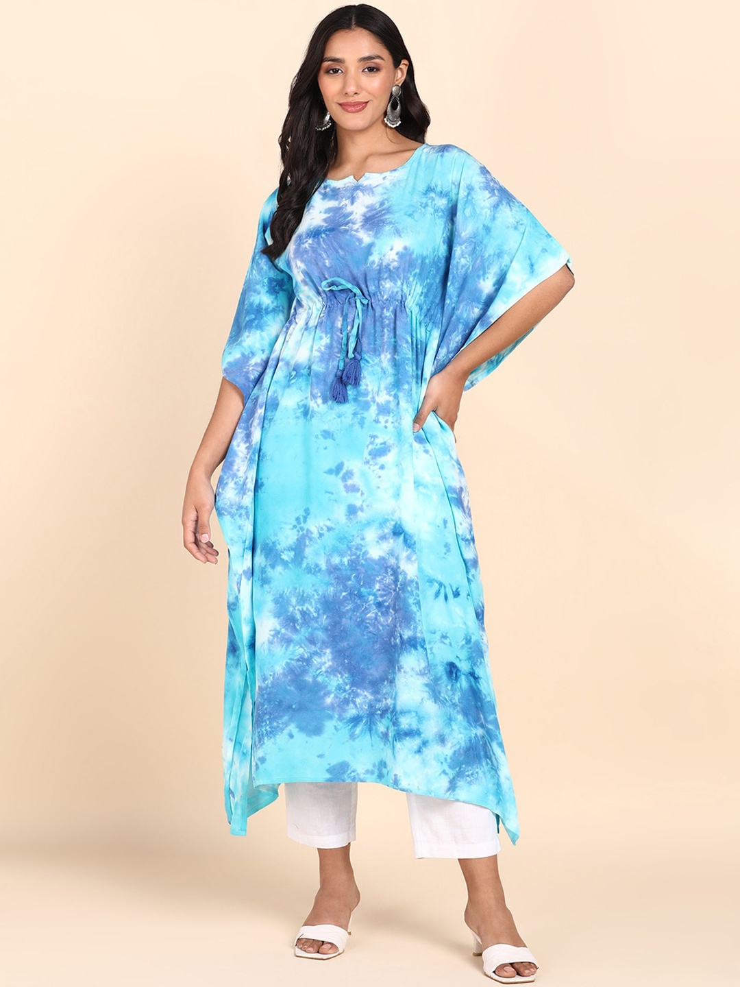 

Maaesa Tie and Dyed Kimono Sleeves Kaftan Kurta, Blue