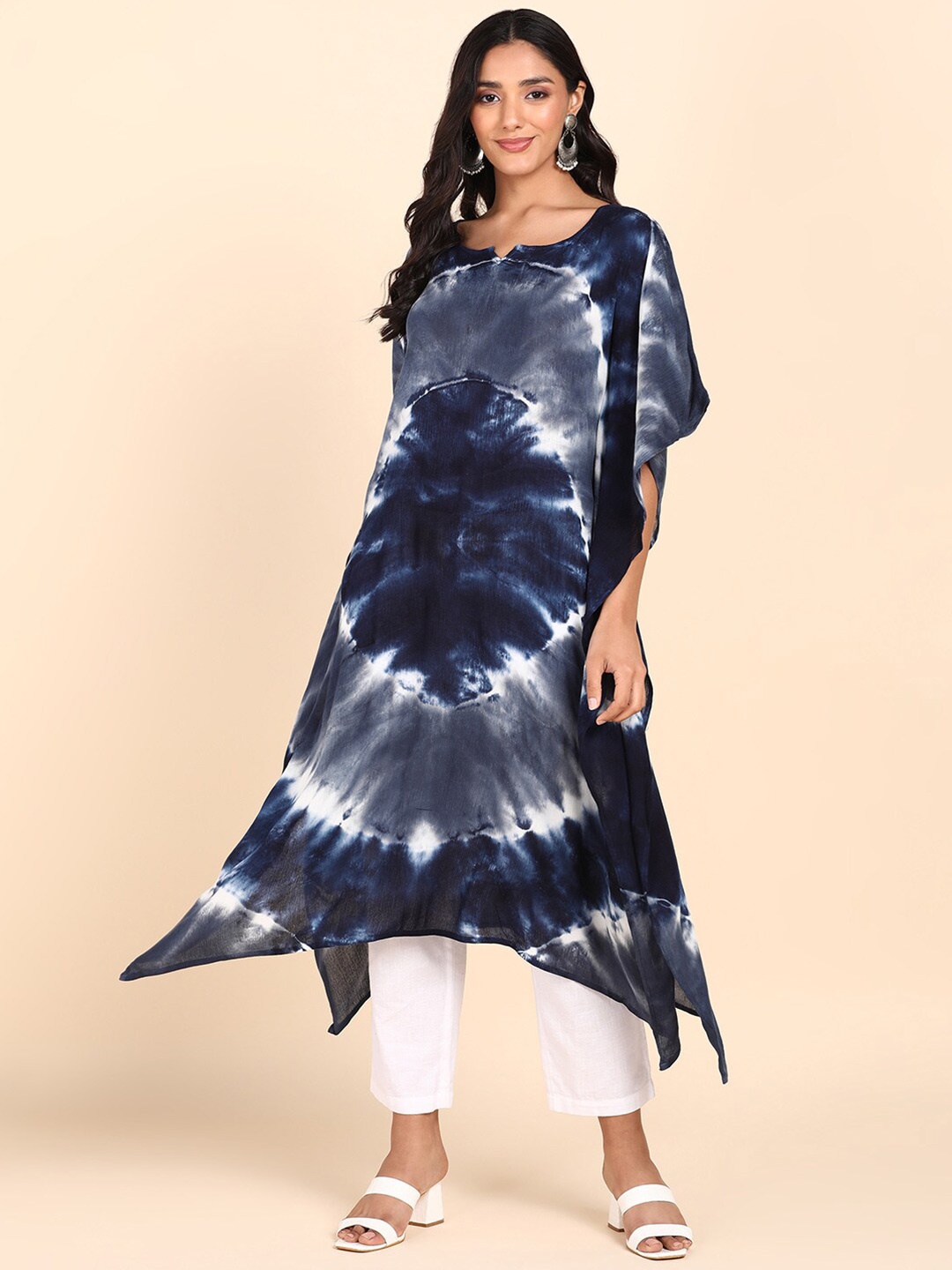 

Maaesa Tie and Dye Extended Sleeves Kaftan Midi Dress, Blue