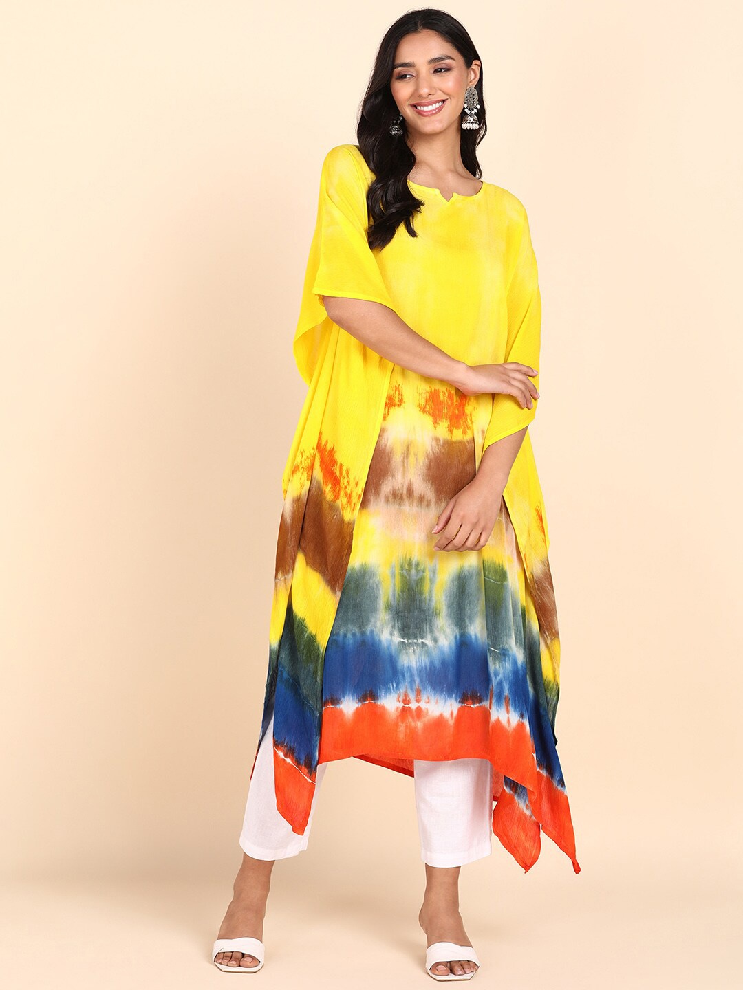 

Maaesa Tie and Dye Extended Sleeves Kaftan Midi Dress, Yellow