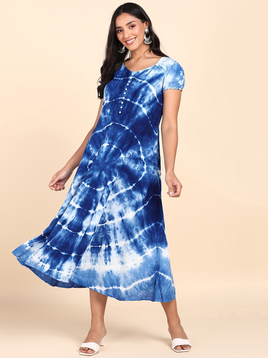 

Maaesa Tie and Dyed Puff Sleeves A-Line Midi Dress, Blue