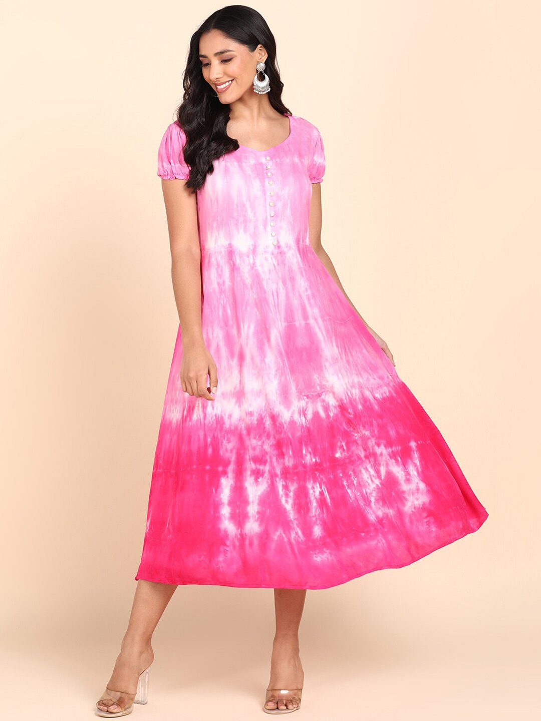 

Maaesa Tie and Dye V-Neck Puff Sleeves A-Line Midi Dress, Pink