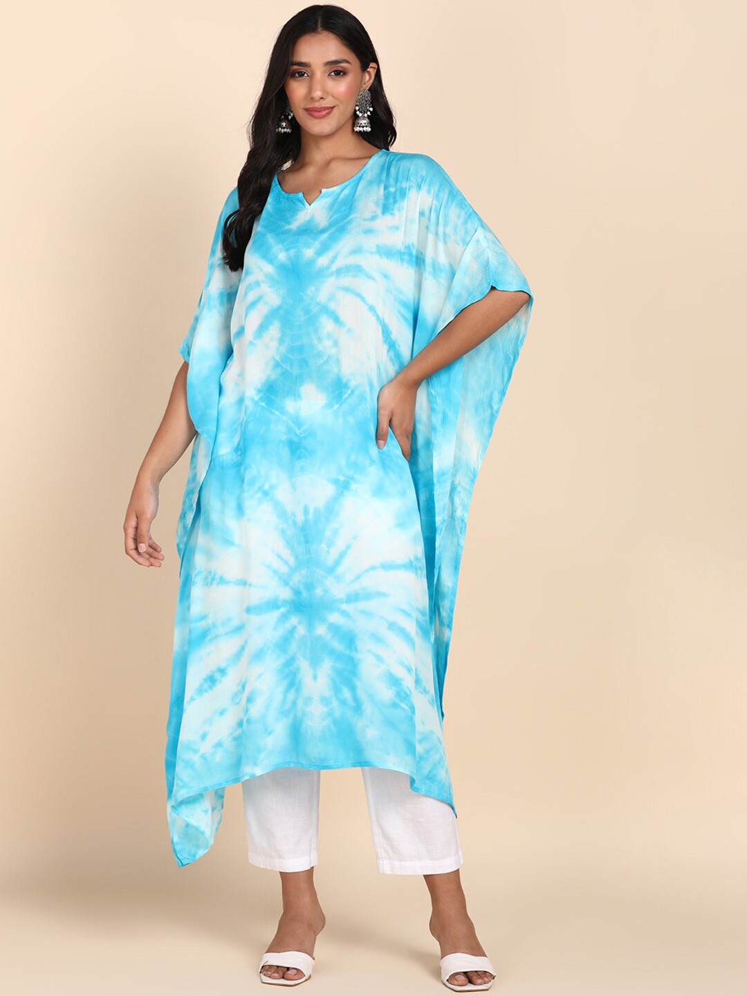 

Maaesa Tie and Dyed Kimono Sleeves Kaftan Kurta, Blue