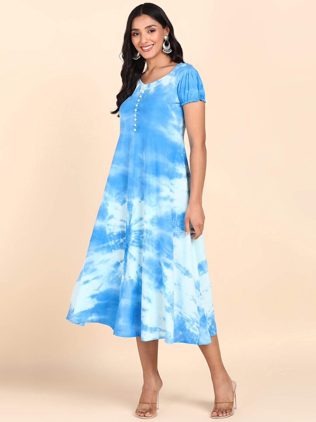 

Maaesa Tie and Dyed Puff Sleeves A-Line Midi Holi Dress, Blue