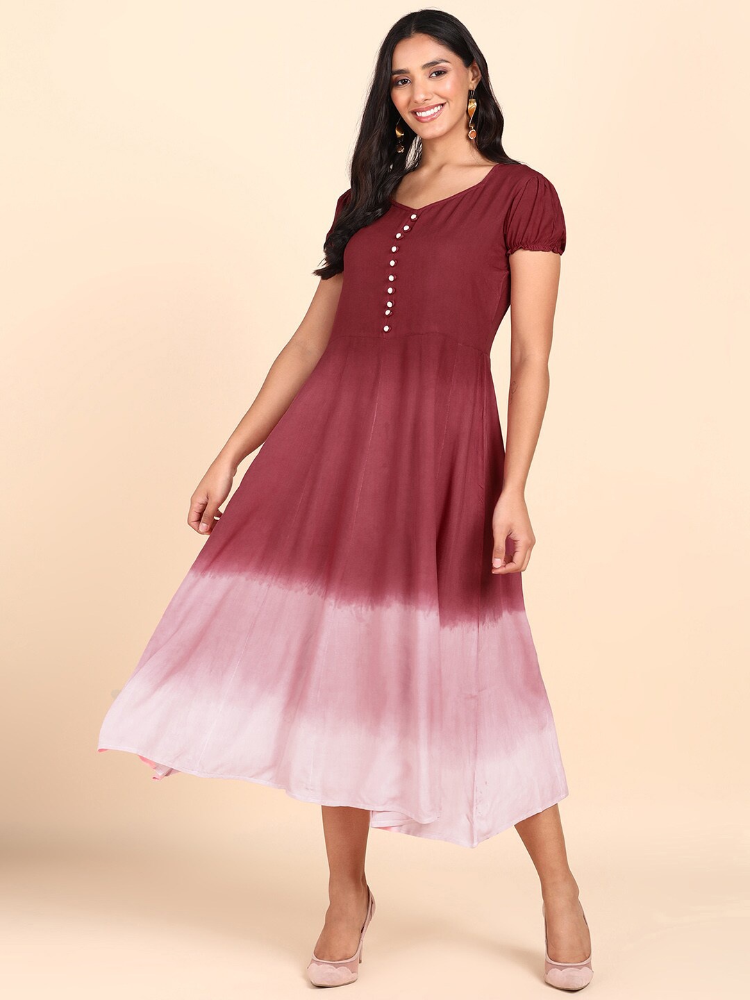 

Maaesa Ombre Printed Puff Sleeves A-Line Midi Dress, Maroon
