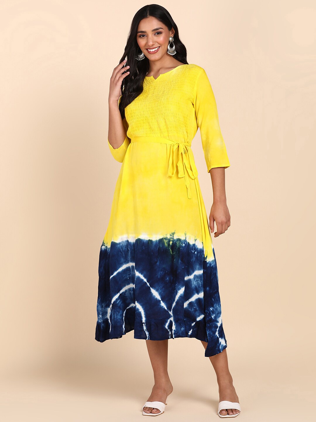 

Maaesa Tie and Dye Smocked A-Line Midi Dress, Yellow