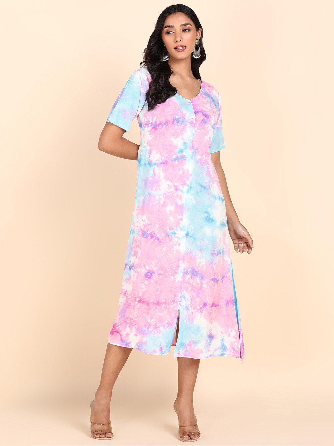 

Maaesa Tie and Dyed A-Line Midi Dress, Pink