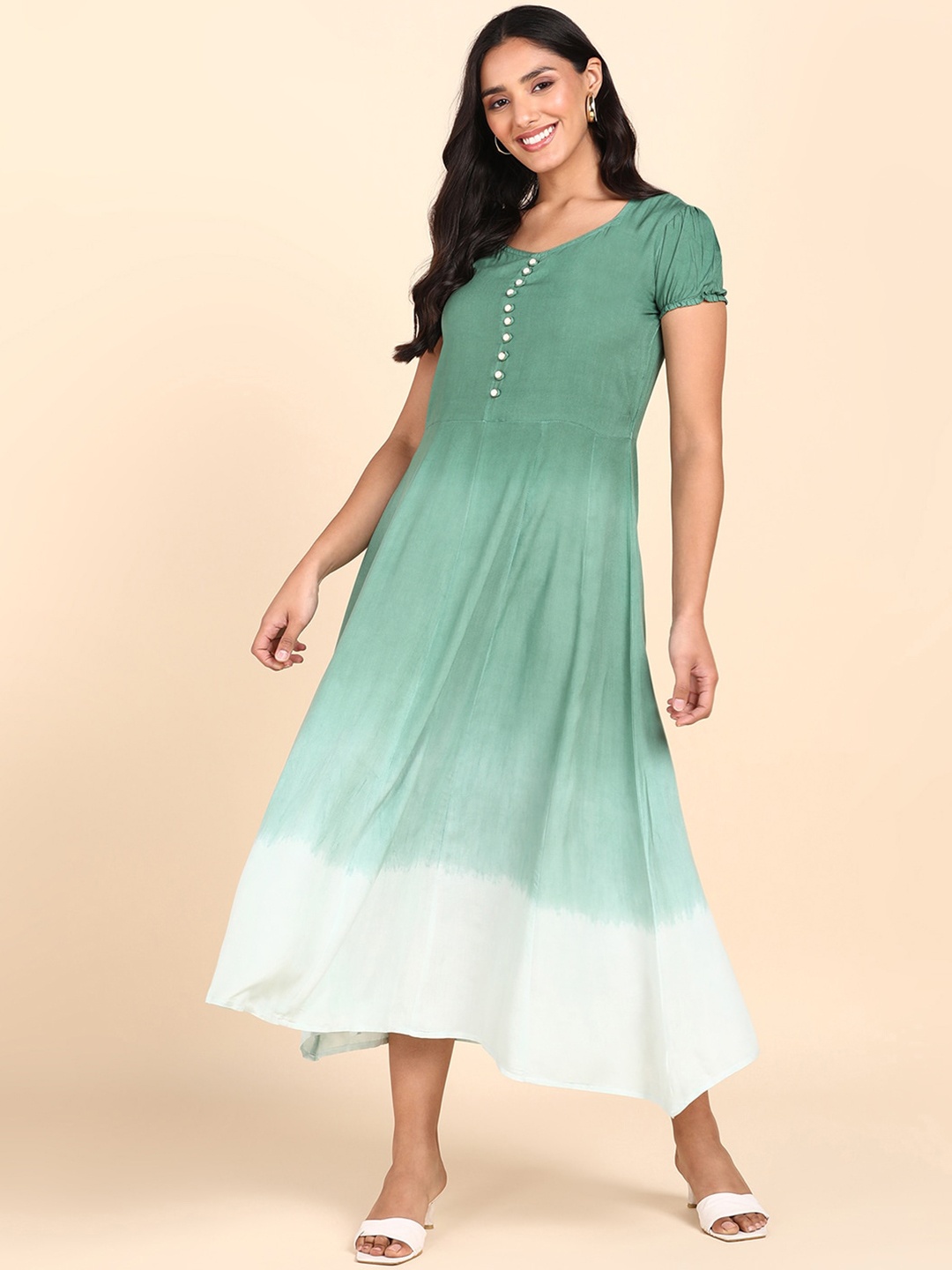 

Maaesa Tie and Dye Fit & Flare Midi Dress, Green
