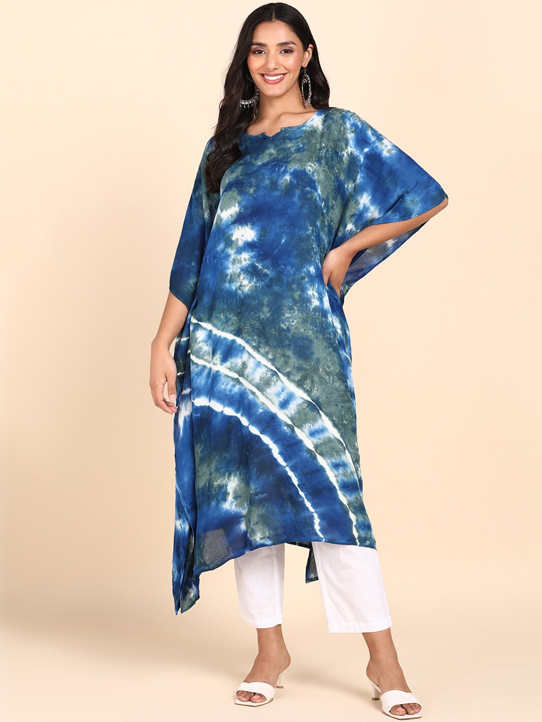 

Maaesa Tie and Dye Extended Sleeves Kaftan Midi Dress, Blue