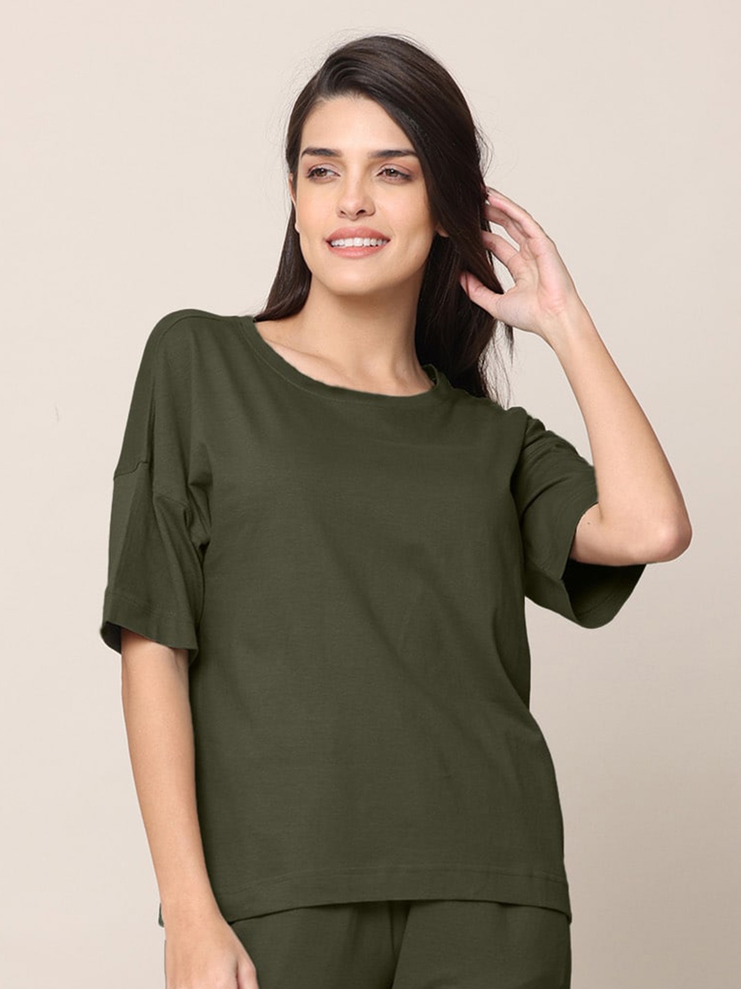 

Saltpetre Drop-Shoulder Sleeves Organic Cotton Lounge Tshirts, Olive