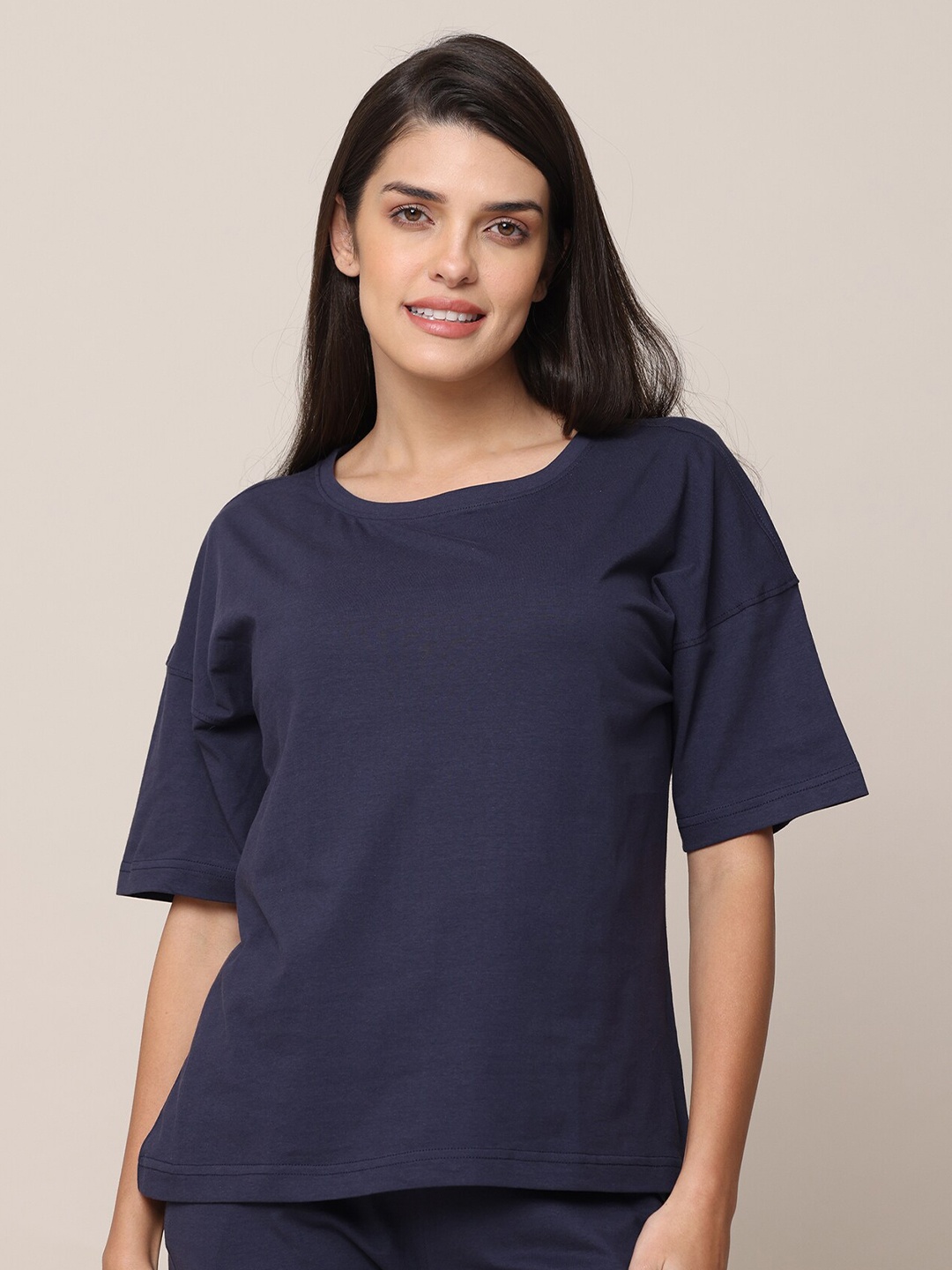 

Saltpetre Drop-Shoulder Sleeves Organic Cotton Oversized T-shirt, Navy blue