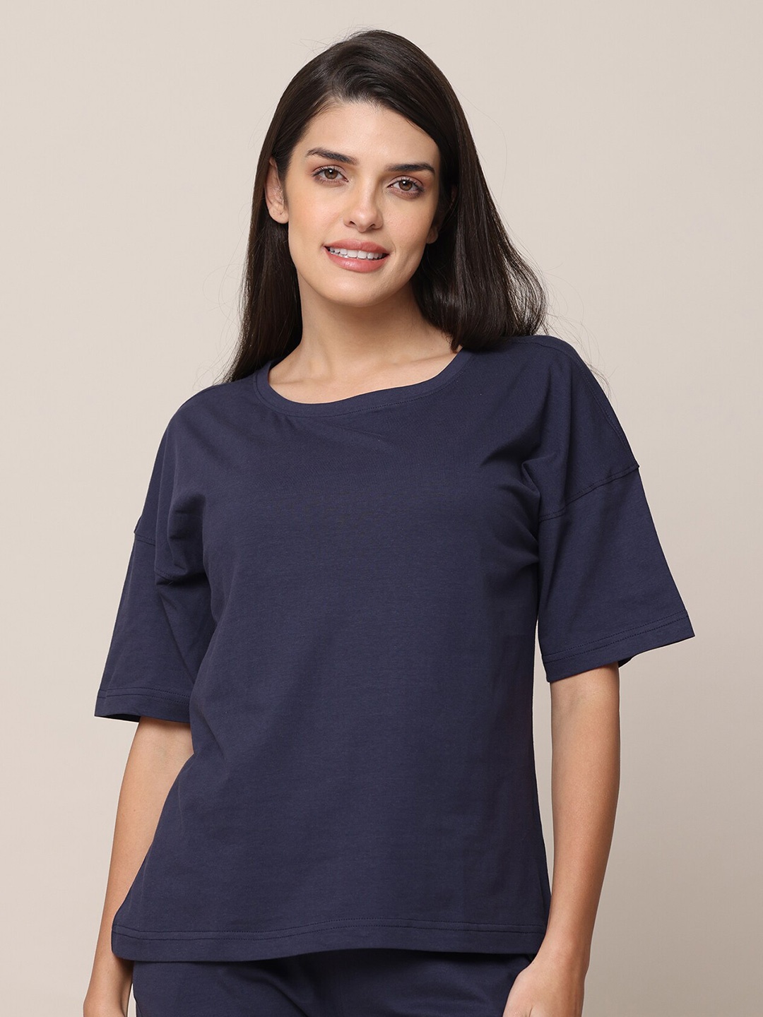 

Saltpetre Round Neck Drop-Shoulder Sleeves Organic Cotton Regular T-shirt, Navy blue