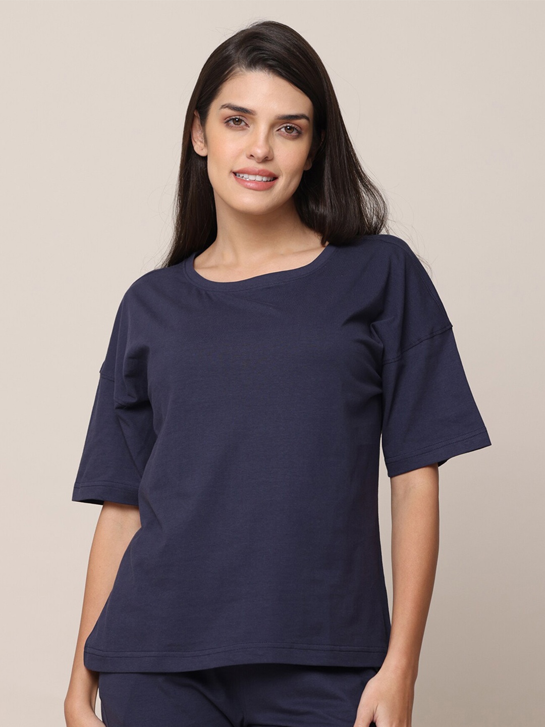 

Saltpetre Round Neck Drop-Shoulder Organic Cotton Oversized T-shirt, Navy blue
