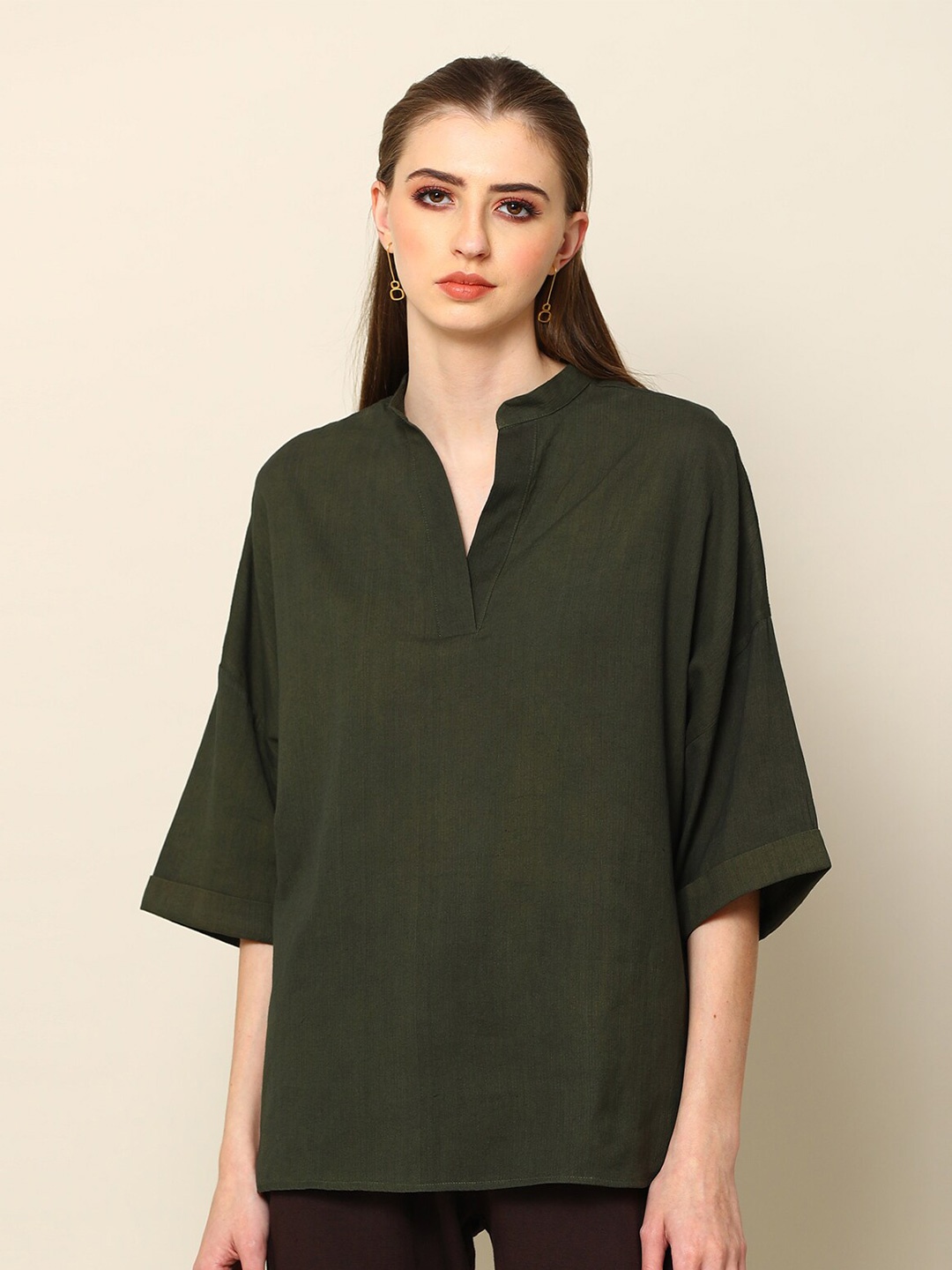 

Saltpetre Mandarin Collar Drop-Shoulder Sleeves Organic Cotton Top, Olive