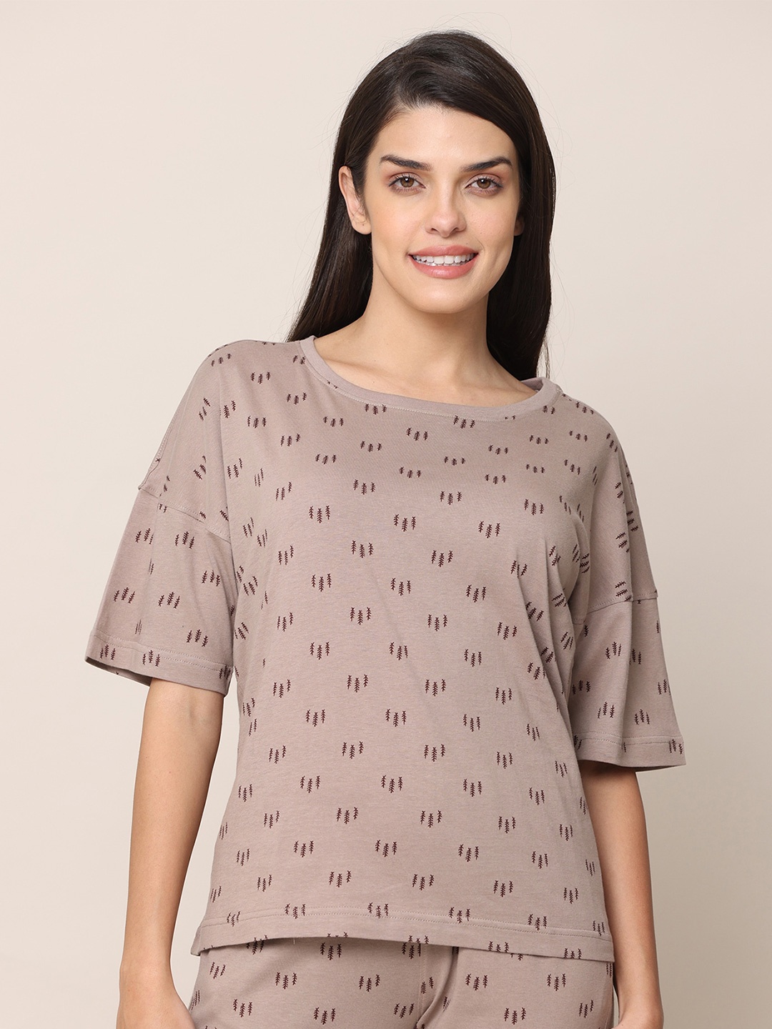 

Saltpetre Geometric Printed Drop-Shoulder Sleeves Organic Cotton Regular T-shirt, Brown