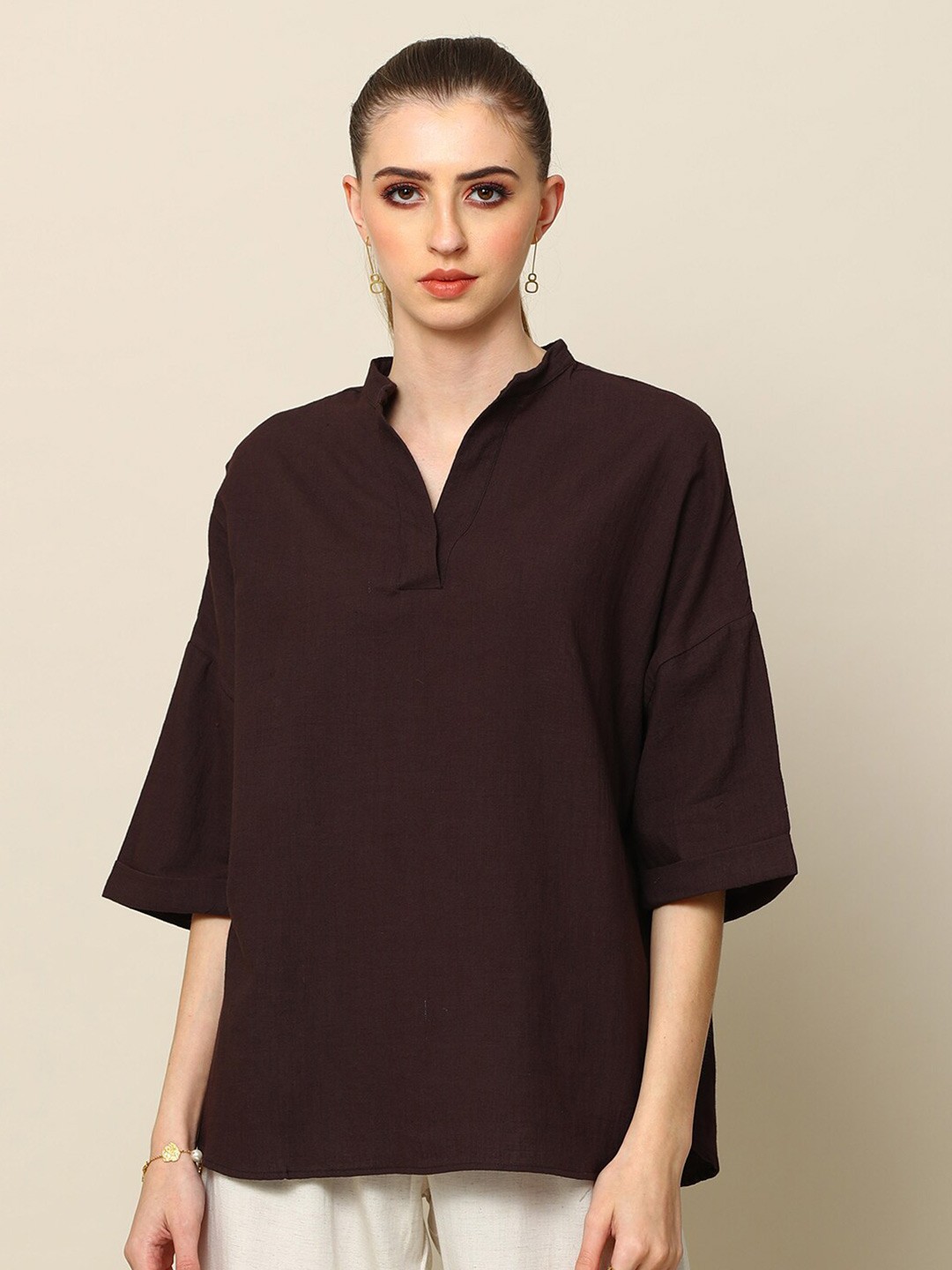 

Saltpetre Mandarin Collar Drop-Shoulder Sleeves Organic Cotton Top, Coffee brown