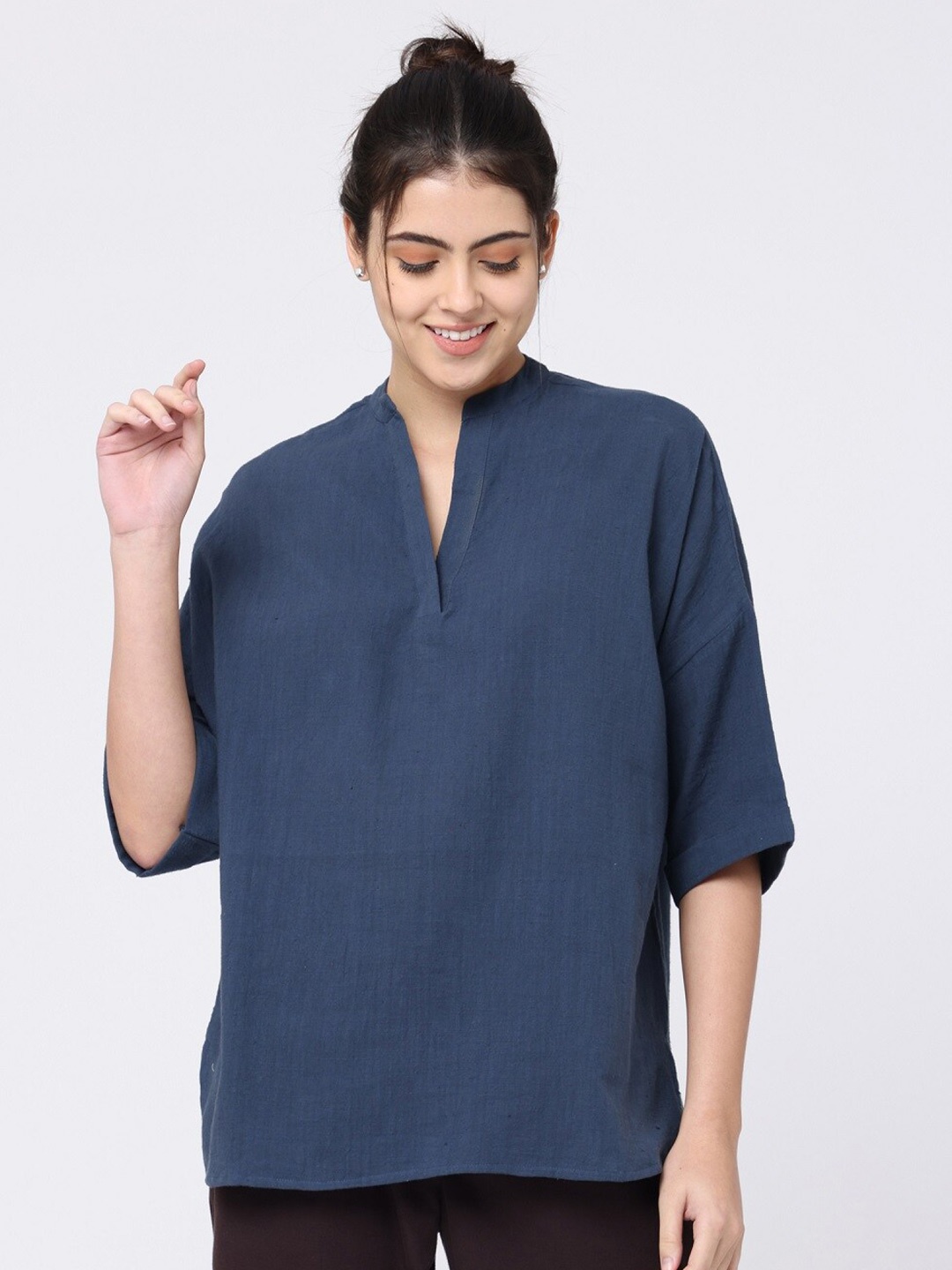 

Saltpetre Mandarin Collar Drop-Shoulder Sleeves Organic Cotton Top, Navy blue