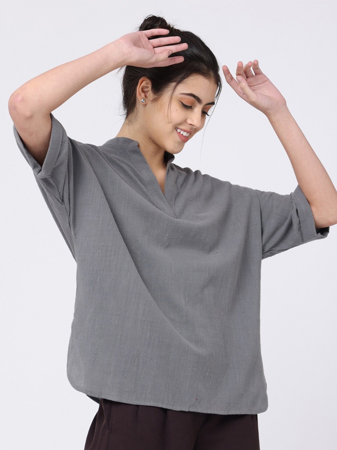 

Saltpetre Mandarin Collar Drop-Shoulder Sleeves Organic Cotton Top, Grey