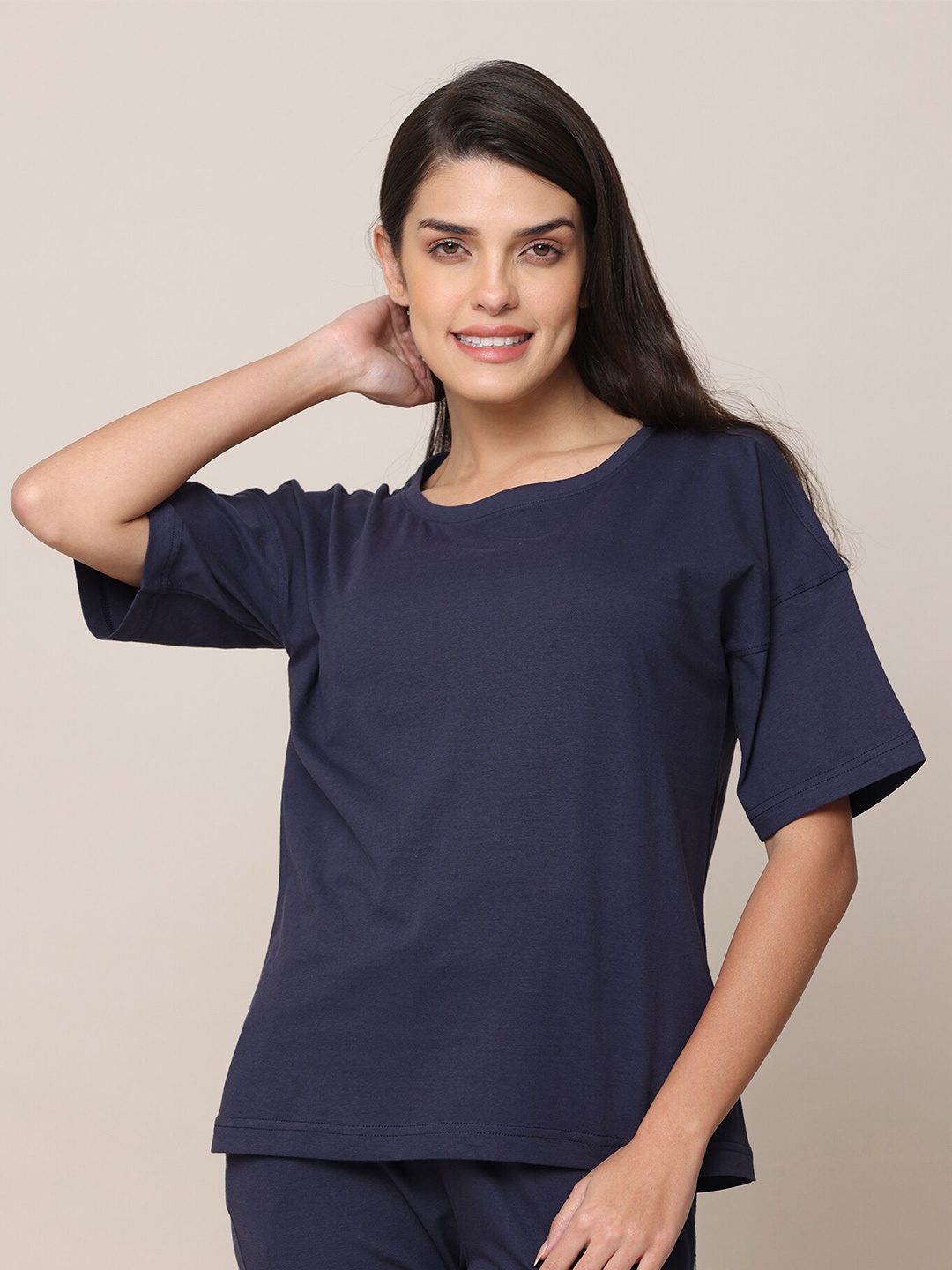 

Saltpetre Round Neck Drop-Shoulder Organic Cotton Oversized T-shirt, Navy blue