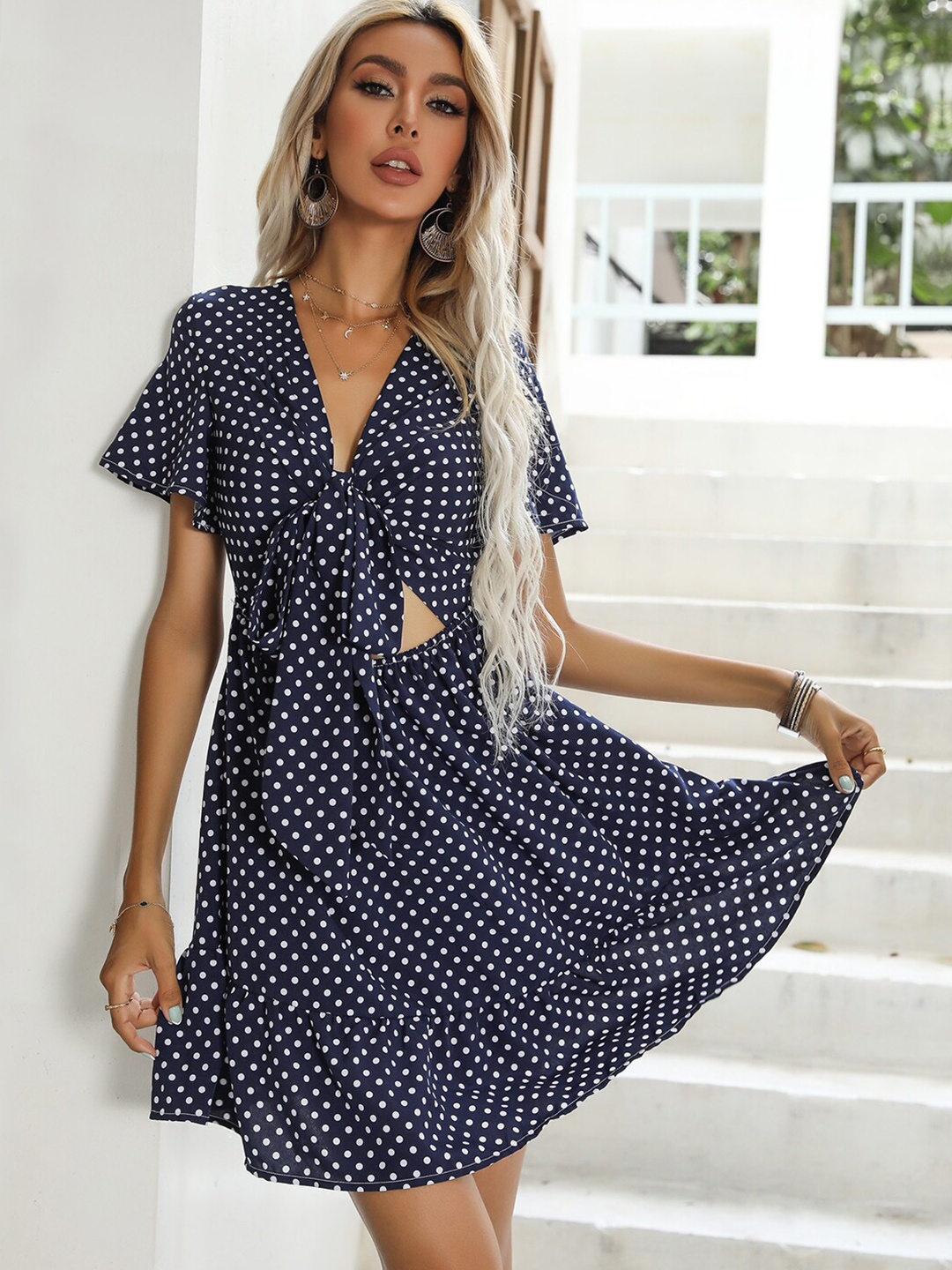 

StyleCast Polka Dot Printed V-Neck Flutter Sleeves Cut Out Fit & Flare Mini Dress, Blue