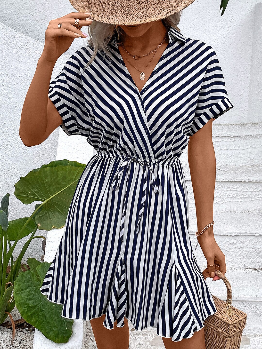 

StyleCast Navy Blue Striped V-Neck Fit & Flare Dress