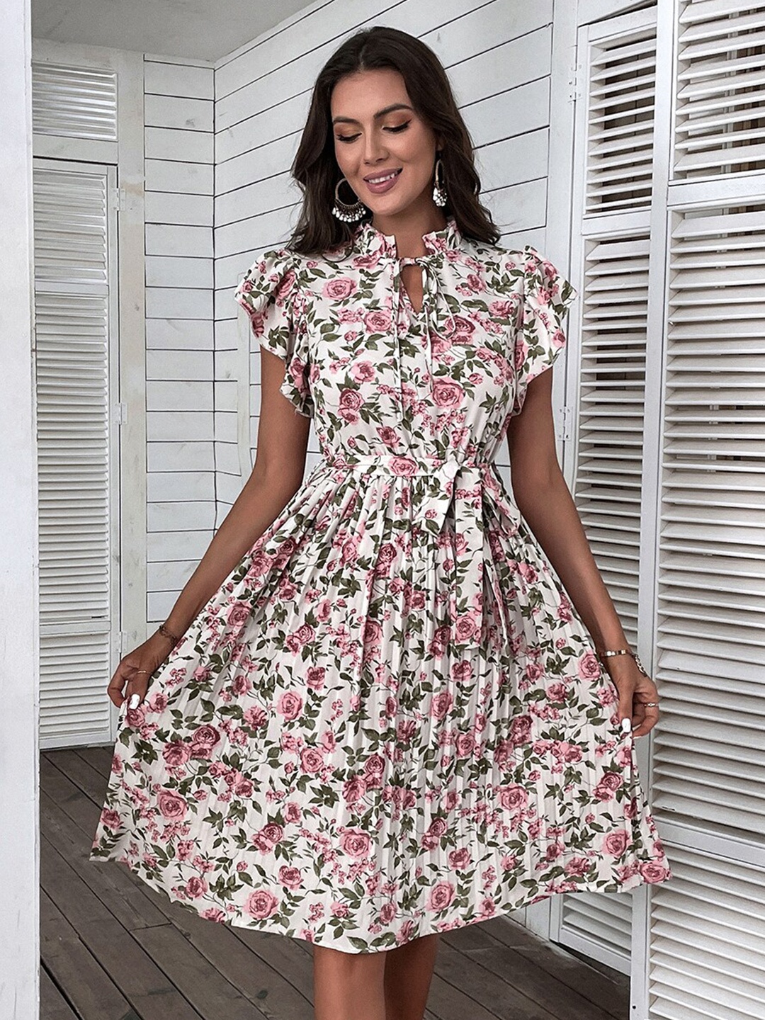 

StyleCast White Floral Printed Tie-Up Neck Flutter Sleeves Gathered Fit & Flare Midi Dress
