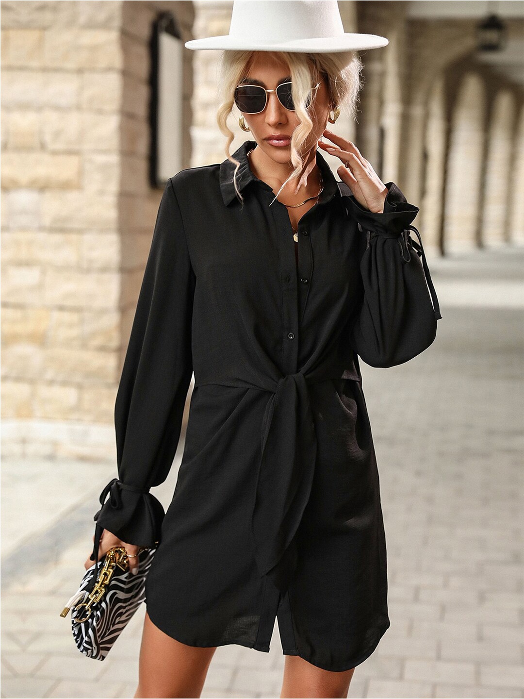 

StyleCast Black Shirt Collar Tie-Up Detail Shirt Dress