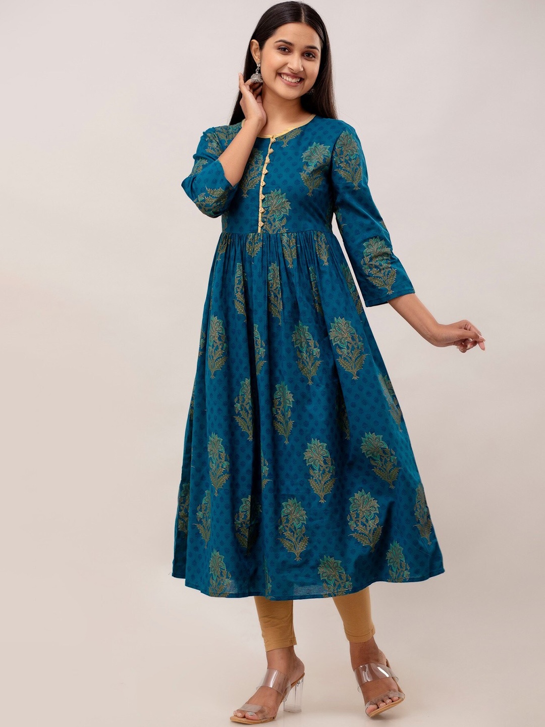 

HERE&NOW Floral Printed A Line Kurta, Green