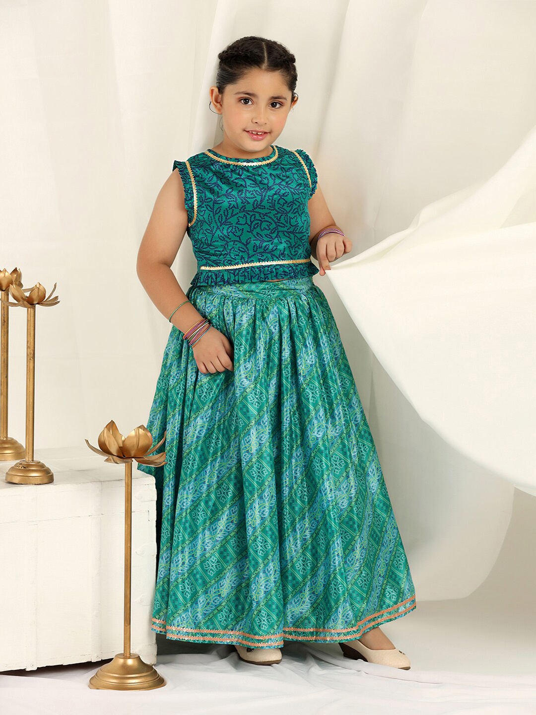 

FASHION DREAM Girls Printed Ready to Wear Lehenga Choli, Green