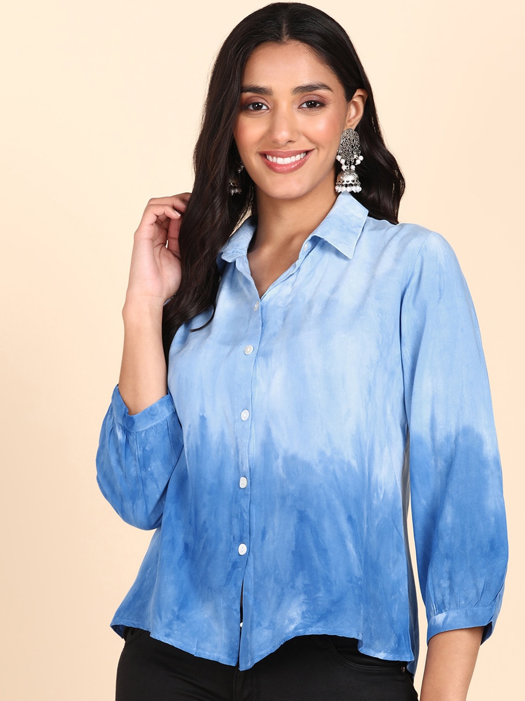 

Maaesa Tie & Dye Printed Relaxed Regular Fit Opaque Casual Shirt, Blue