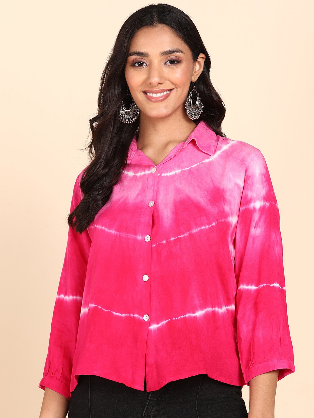

Maaesa Tie & Dye Printed Relaxed Regular Fit Opaque Casual Shirt, Pink