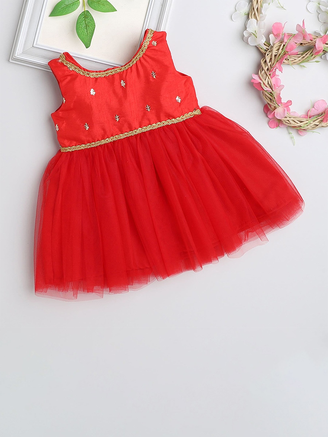 

MANY FROCKS & Embellished Silk Cotton Fit & Flare Dress, Red