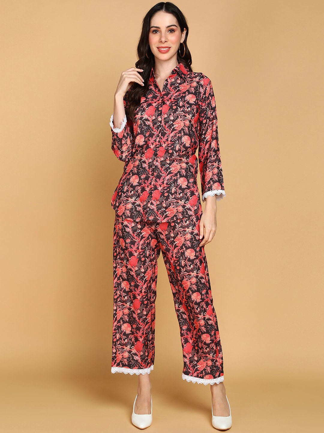 VAHSON Floral Printed Shirt-Collar Shirt With Printed Trouser, Coffee brown