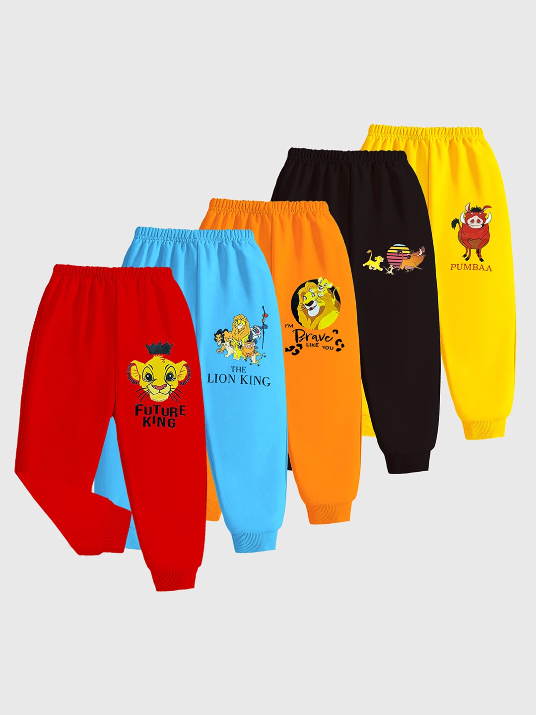 

KUCHIPOO Infant Kids Pack Of 5 Lion King Printed Regular Fit Joggers, Yellow