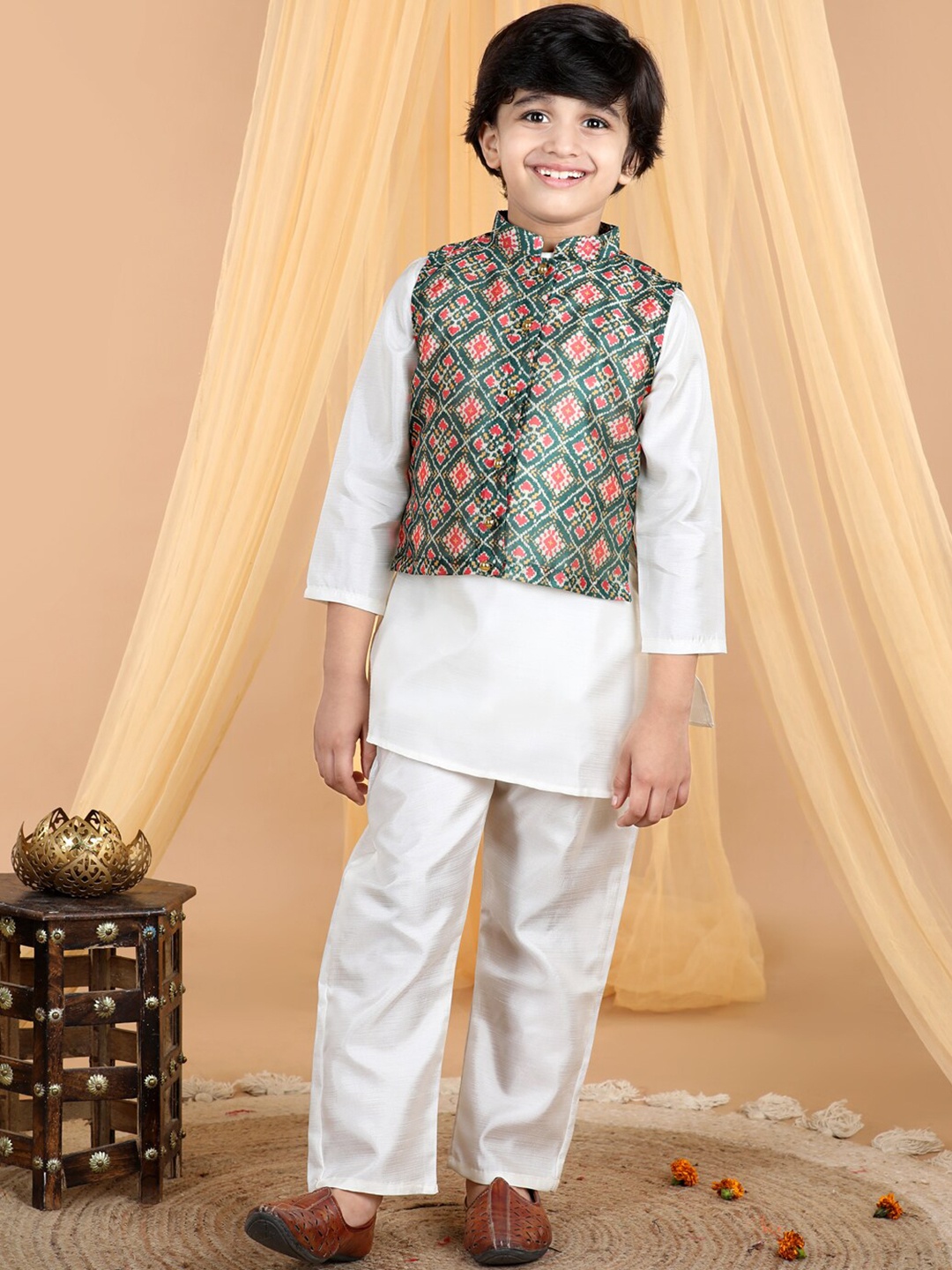 

Cutiekins Boys Mandarin Collar Regular Art Silk Kurta With Pyjamas & Nehru Jacket, Off white