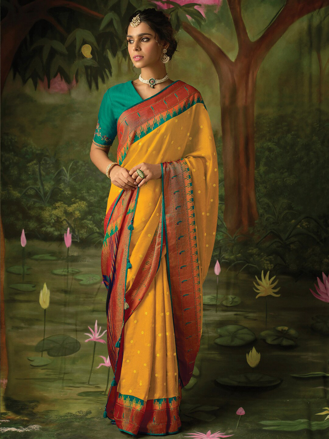 

Mitera Floral Woven Design Brasso Ikat Saree, Yellow