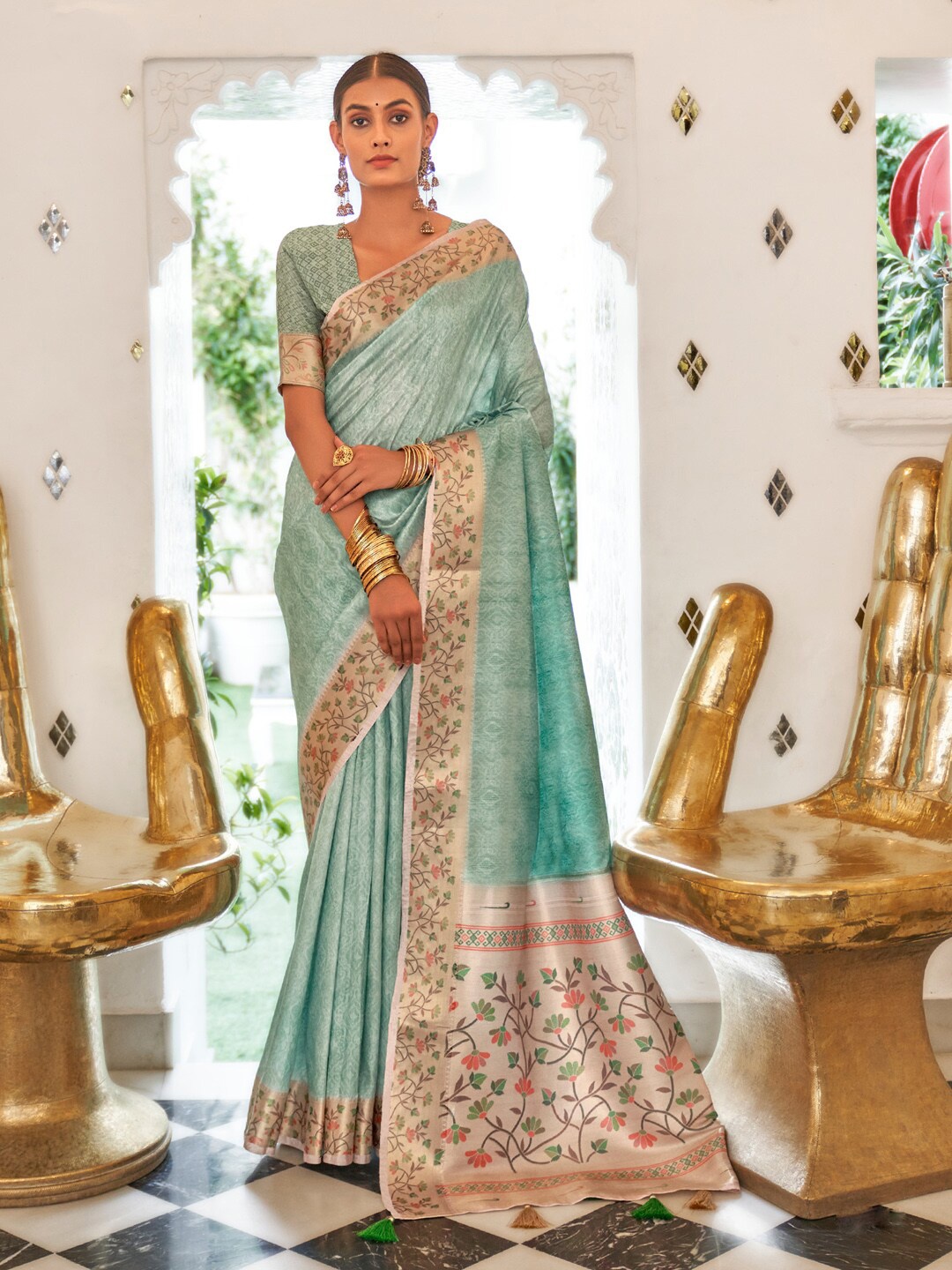 

Saree mall Ethnic Motifs Printed Sungudi Saree, Turquoise blue