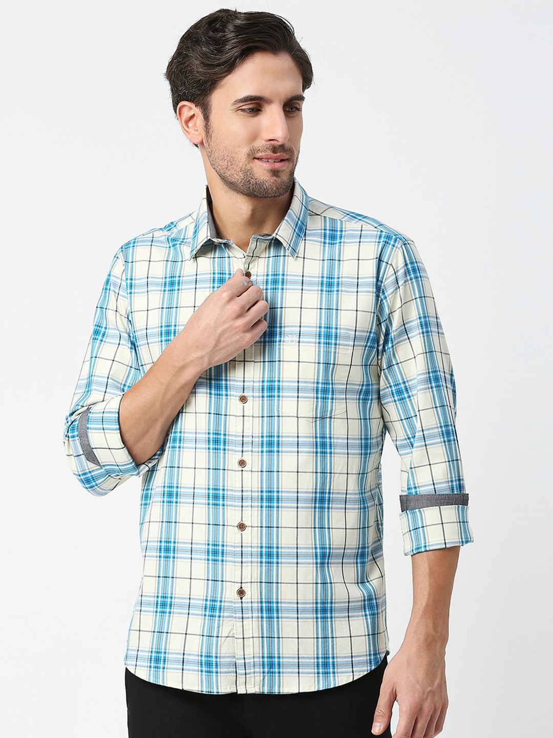 

DRAGON HILL Slim Fit Tartan Checked Cotton Casual Shirt, Blue