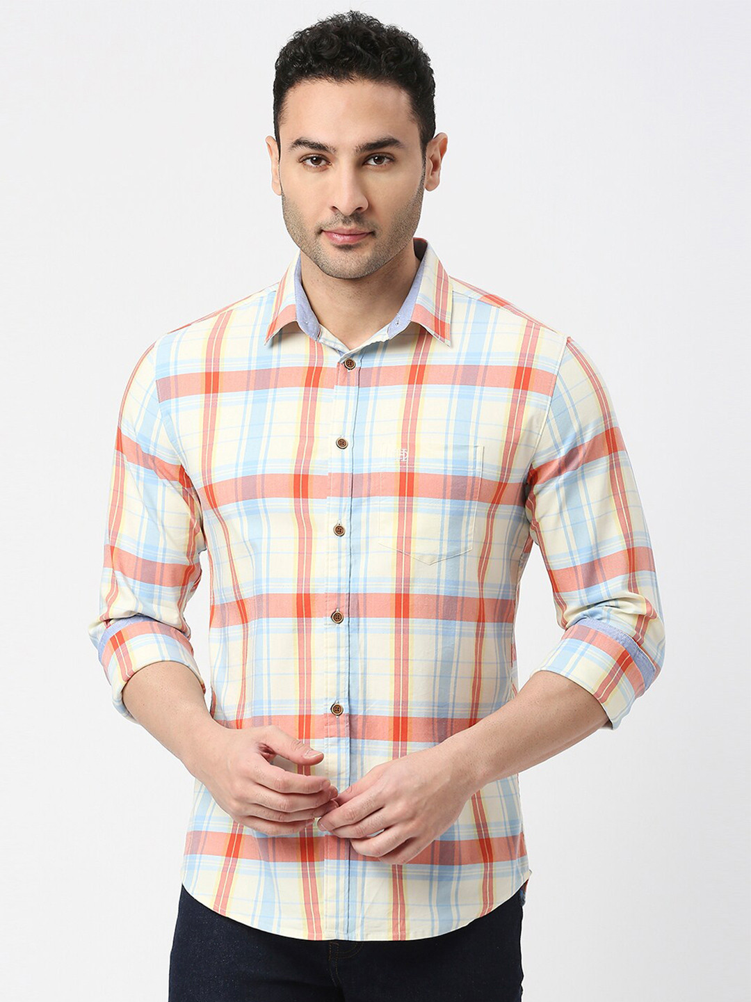 

DRAGON HILL Slim Fit Tartan Checked Cotton Casual Shirt, Orange