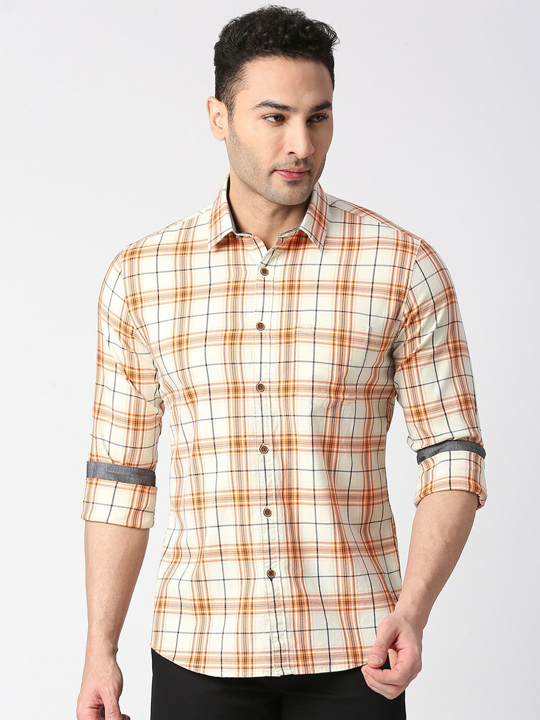 

DRAGON HILL Slim Fit Tartan Checked Twill Casual Shirt, Orange