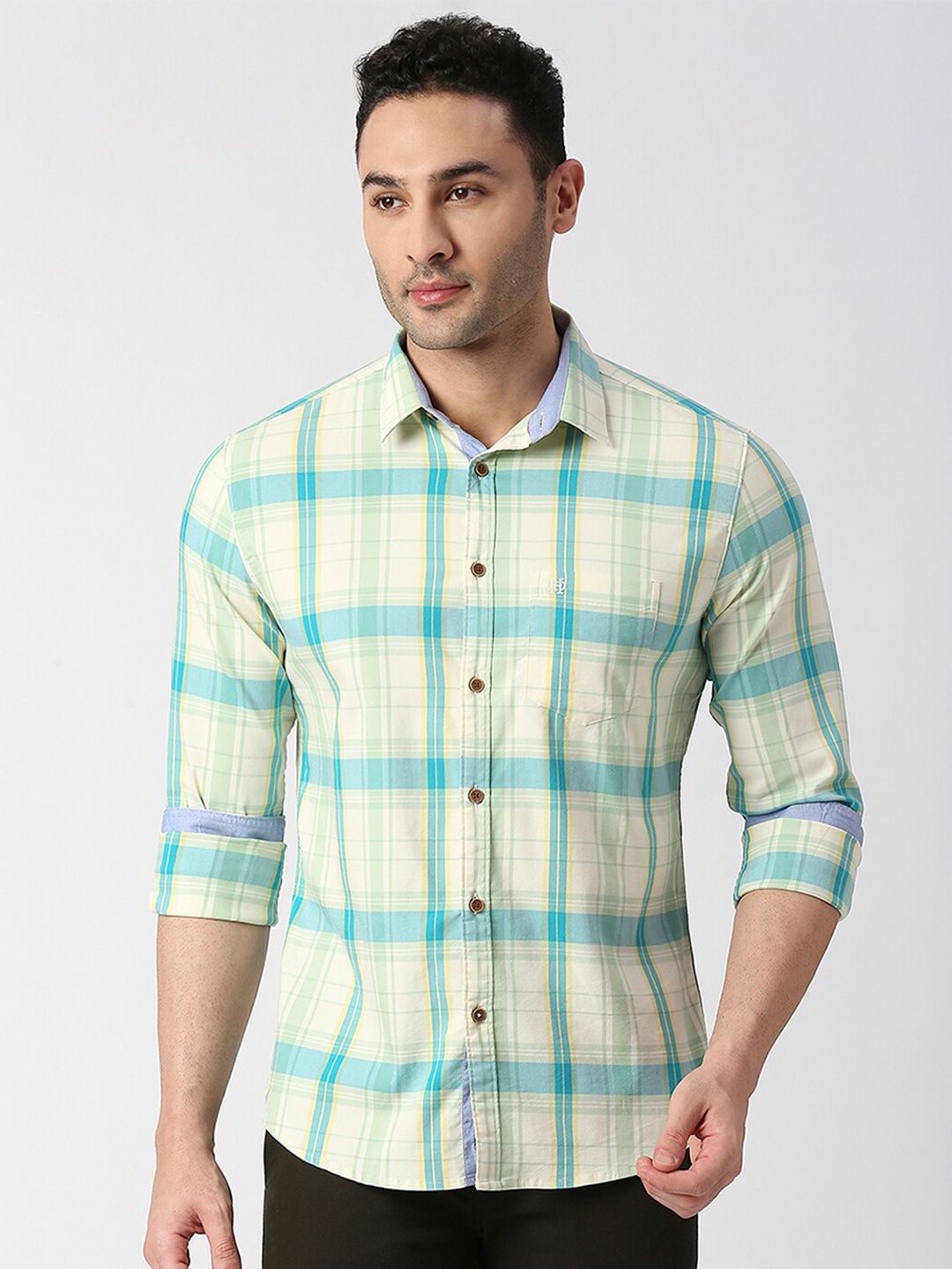 

DRAGON HILL Slim Fit Checked Twill Cotton Casual Shirt, Green